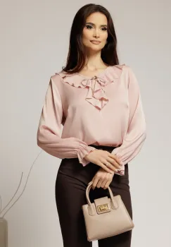 Bluza roz eleganta cu volanase si snur la decolteu imagine