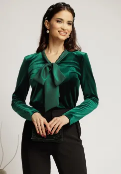 Bluza verde din catifea cu guler esarfa imagine