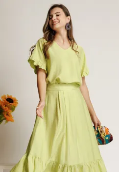 Bluza verde din rayon cu croi drept si volanase la maneci imagine