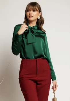 Bluza verde din satin eleganta cu funda la decolteu imagine