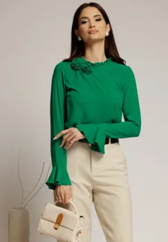Bluza verde din voal plin cu detaliu floral la guler si gulerul incretit imagine