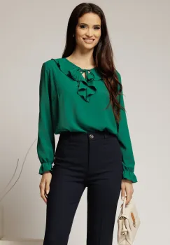 Bluza verde eleganta cu volanase si snur la decolteu imagine