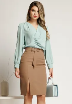 Bluza verde menta eleganta cu decolteu in V si fronseuri imagine
