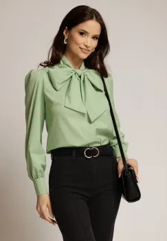 Bluza vernil din poplin cu esarfa tip funda la gat imagine