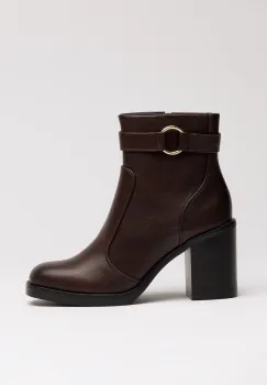 Botine maro din piele ecologica de dama cu toc patrat si catarama imagine