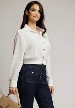 Camasa alba casual scurta in talie cu epoleti pe umeri imagine