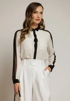 Camasa alba din voal cu insertii negre in contrast imagine