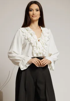 Camasa alba din voal cu volanase la bust si decolteu adanc imagine