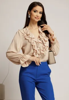 Camasa bej din voal cu volanase la bust si decolteu adanc imagine