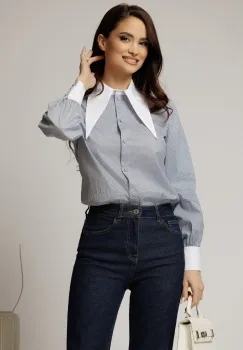 Camasa din poplin cu imprimeu bleu si negri si guler ascutit imagine