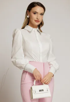 Camasa DY Fashion alba cambrata din poplin cu insertie la guler imagine