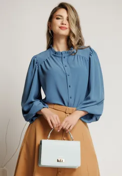 Camasa DY Fashion albastra din voal plin cu guler incretit imagine