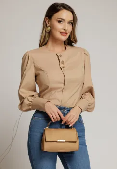 Camasa DY Fashion bej din poplin cu croi cambrat si nasturi decorativi imagine
