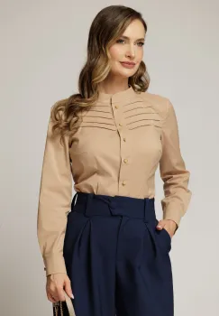 Camasa DY Fashion bej din poplin cu croi cambrat si nervuri pe bust imagine