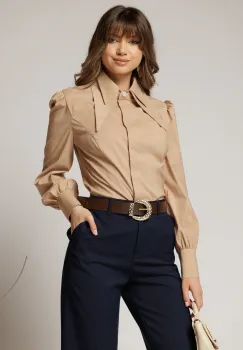 Camasa DY Fashion bej din poplin cu guler dublu si croi cambrat imagine