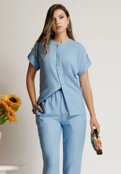 Camasa DY Fashion bleu din material vaporos cu croi drept si nasturi imagine