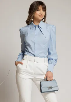Camasa DY Fashion bleu din poplin cu guler dublu si croi cambrat imagine