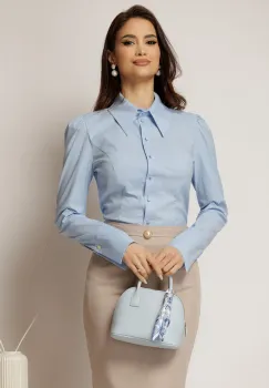 Camasa DY Fashion bleu din poplin cu manseta cu butoniera imagine