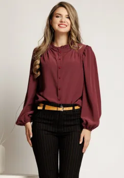 Camasa DY Fashion burgundy din voal plin cu guler incretit imagine