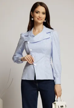 Camasa DY Fashion din poplin cu dungi bleu si nasturi asimetrici imagine