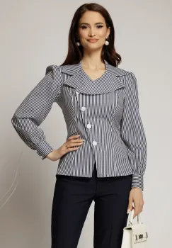 Camasa DY Fashion din poplin cu dungi bleumarin si nasturi asimetrici imagine