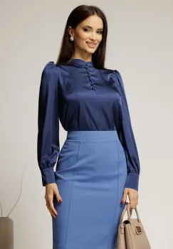 Camasa DY Fashion din satin bleumarin cu nasturi la bust si guler tunica imagine