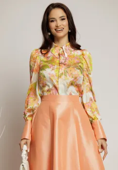 Camasa DY Fashion din voal cu imprimeuri oranj si mansete in contrast imagine