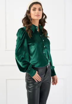 Camasa DY Fashion eleganta din catifea verde cu nasturi perlati imagine