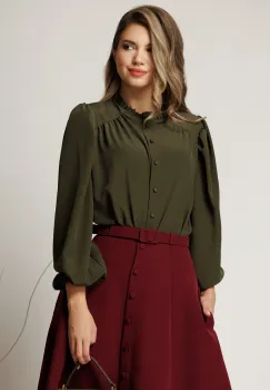 Camasa DY Fashion kaki din voal plin cu guler incretit imagine