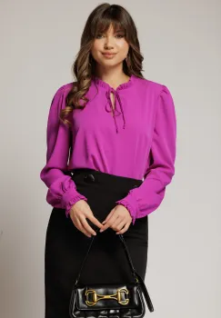 Camasa DY Fashion magenta din voal cu guler incretit imagine