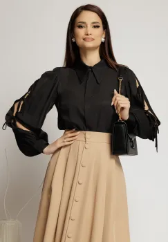 Camasa DY Fashion neagra cu funde pe maneci cu adaos de rayon imagine