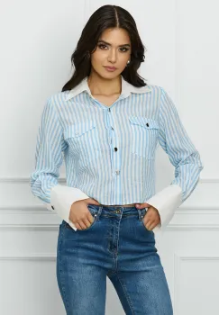 Camasa DY Fashion scurta alba cu dungi bleu si mansete albe imagine