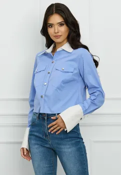 Camasa DY Fashion scurta bleu cu mansete albe imagine