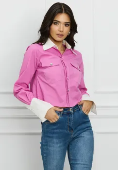Camasa DY Fashion scurta roz cu mansete albe imagine