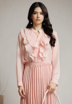 Camasa eleganta din voal roz cu volan pe bust imagine