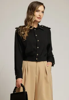 Camasa neagra casual scurta in talie cu epoleti pe umeri imagine