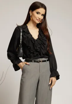 Camasa neagra din voal cu volanase la bust si decolteu adanc imagine