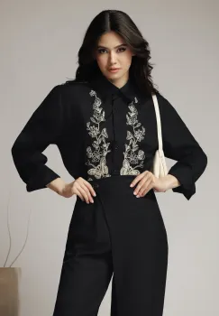 Camasa office din bumbac neagra cu broderie imagine