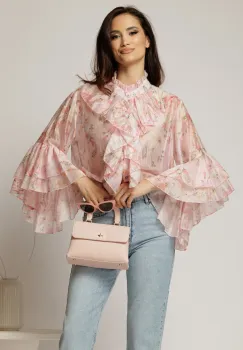 Camasa roz cu imprimeuri florale si volanase la maneci si bust imagine