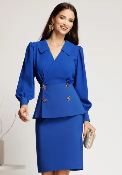 Compleu albastru din stofa cu sacou si fusta imagine