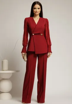 Compleu bordo sacou cu pantalon cu maneci din dantela imagine