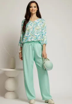 Compleu din viscoza cu pantaloni si bluza cu print menta imagine