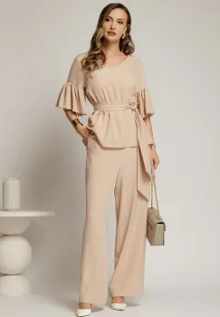 Compleu DY Fashion bej de zi din bluza si pantalon cu adaos de viscoza si croi lejer imagine