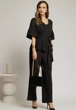 Compleu DY Fashion negru de zi din bluza si pantalon cu adaos de viscoza si croi lejer imagine