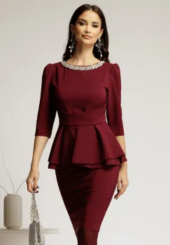 Compleu elegant din stofa bordo cu peplum si strasuri la decolteu imagine