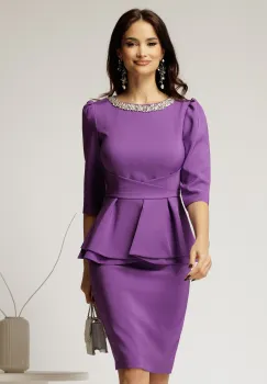 Compleu elegant din stofa mov cu peplum si strasuri la decolteu imagine