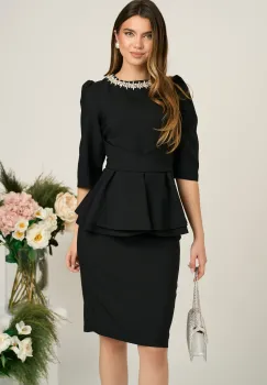 Compleu LaDonna elegant din stofa negru cu peplum si strasuri la decolteu imagine