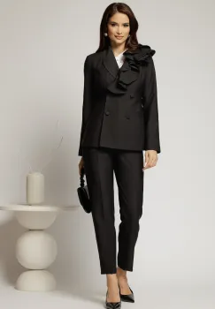 Compleu negru cu pantalon si sacou cu volanase la rever imagine