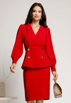 Compleu rosu din stofa cu sacou si fusta imagine