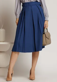 Fusta DY Fashion albastra in clos cu pliuri ample si curea in talie imagine